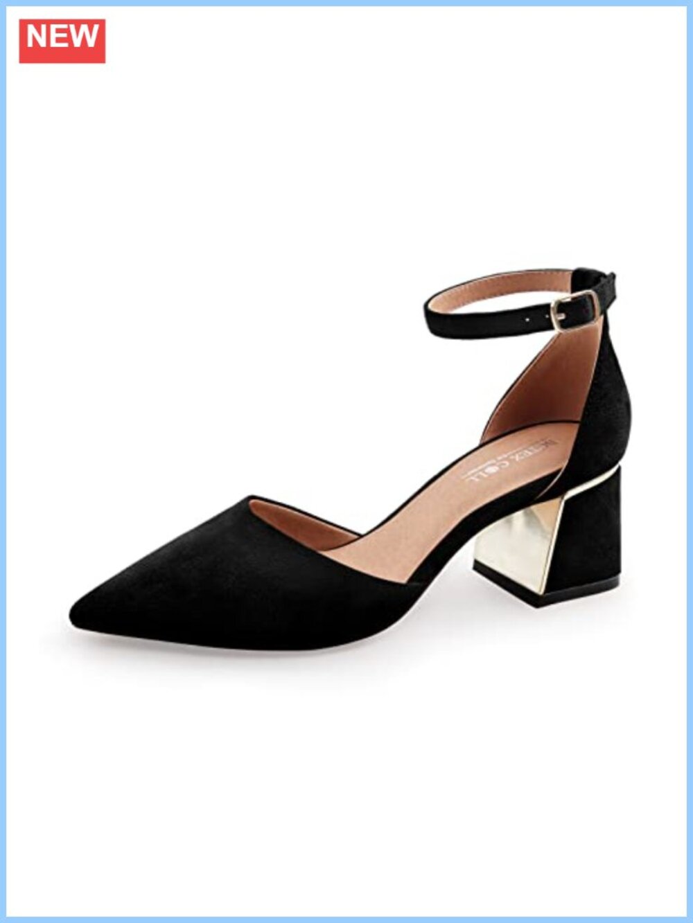 Pointed Toe Ankle Strap Chunky Low Heel Pumps Memory Foam Women